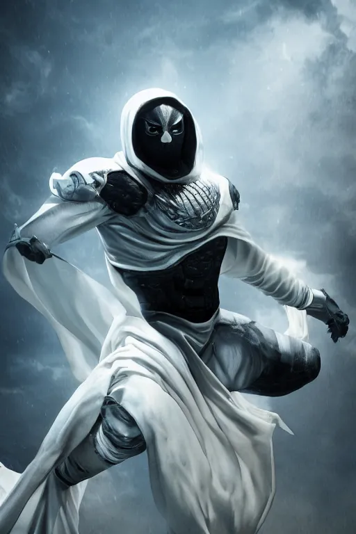 Image similar to hyperrealistic photography of Moon Knight mixed with Ghostrider style of Hossein Diba, full-shot, merged character, 4k, highly detailed, cinematic lighting, photorealistic, 3d render, award winning render, unreal engine, masterpiece, octane render, sharp focus, studio lighting, 8k, hd