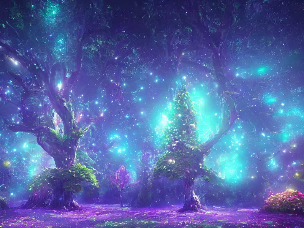 Prompt: a magical tree glowing with starry dusted light, deep color, fantasy art, by beeple and pixar and avatar vivid glowing colors, extreme detail, studio ghibli and pixar and abzu, rendering, cryengine, deep colors, purple and blue and green colors, vray render, cgsociety
