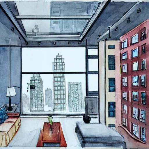 Image similar to modern loft overlooking central park in a blizzard, in watercolor gouache detailed paintings, moebius, blueprint, building, modular