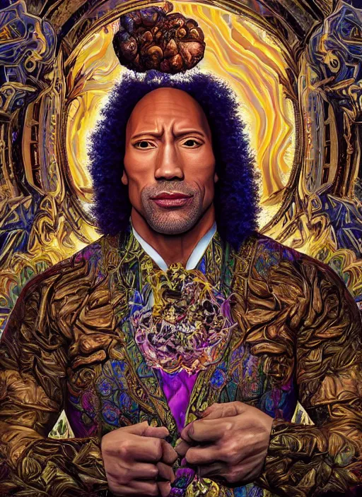 Image similar to beautiful oil painting, portrait of Dwayne the rock Johnson as Louis xiv in coronation robes 1701, Dan Mumford, Dan Mumford, Alex grey, Alex grey, lsd visuals, dmt fractal patterns, entheogen, psychedelic, hallucinogen, highly detailed, ornate, vaporwave