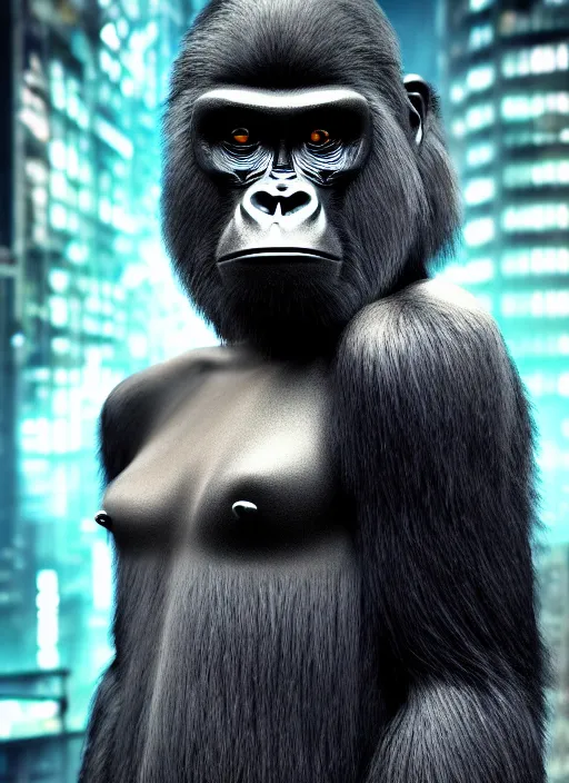 Image similar to amazing portrait, 3 5 mm photo, robot gorilla, gang clothing, brunette, long hair, fashion, id magazine, hyperrealism, detailed textures, photorealistic, cyberpunk apocalyptic city, ultra realistic, cinematic, intricate, cinematic light, unreal engine 8 k,, david kostic, artgerm