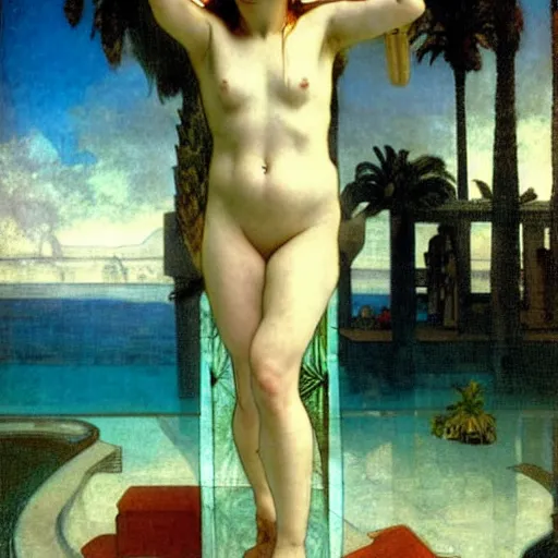 Image similar to Demon girl at the giant column, thunderstorm, greek pool, beach and palm trees on the background major arcana sky, by paul delaroche, alphonse mucha and arnold böcklin arnold böcklin hyperrealistic 8k, very detailed