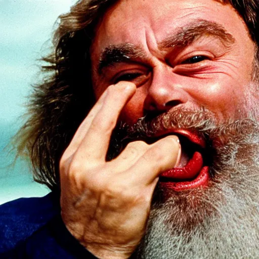 Image similar to film still close up shot of brian blessed swallowing a fish whole