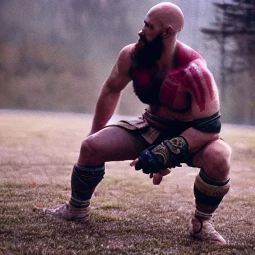 Prompt: photo of kratos god of war playing soccer cinestill, 800t, 35mm, full-HD