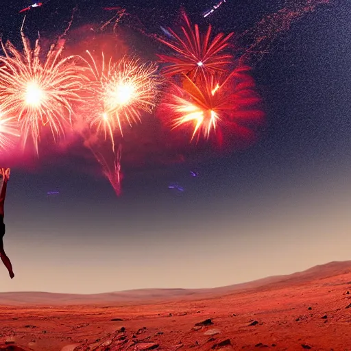 Image similar to 4 k hdr photo of elon musk doing a backflip on the surface of mars during a blue martian sunset surrounded by fireworks in the background