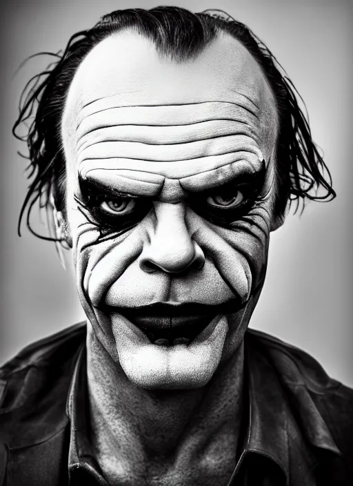 Prompt: photo of Hugo Weaving as the Joker by Lee Jeffries , big smile, head shot, detailed, award winning, Sony a7R