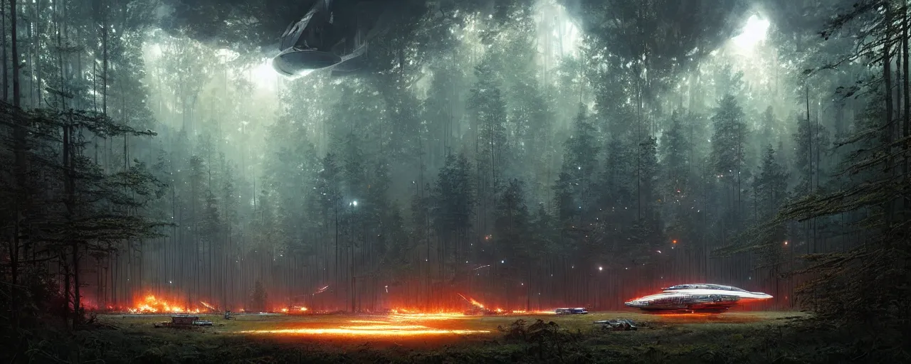 Prompt: a giant megastructure spaceship wrecked and lost in the forest, a small fire in the distance, powerful laser light and large sound system on the left, detailed digital art by greg rutkowski.