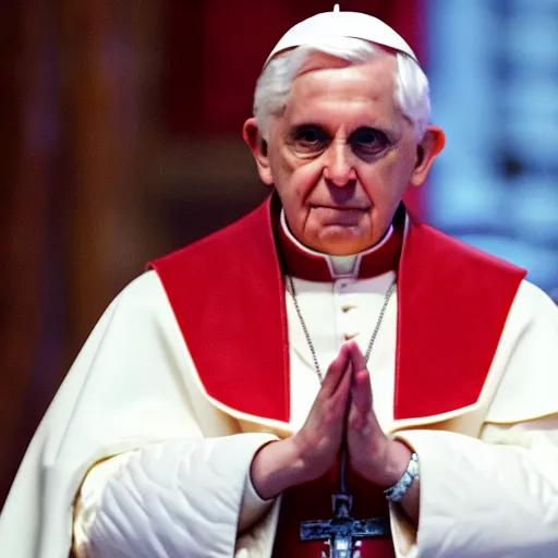 Image similar to pope benedict wearing sith cloak as chancelor palpatine in star wars episode 3, 8 k resolution, cinematic lighting, anatomically correct