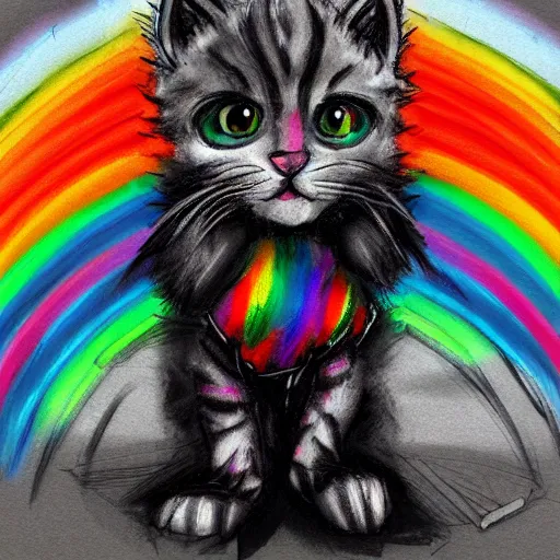 Image similar to wide angle full body, of a fluffy cute rainbow kitten wearing a black leather motorcycle jacket, concept art