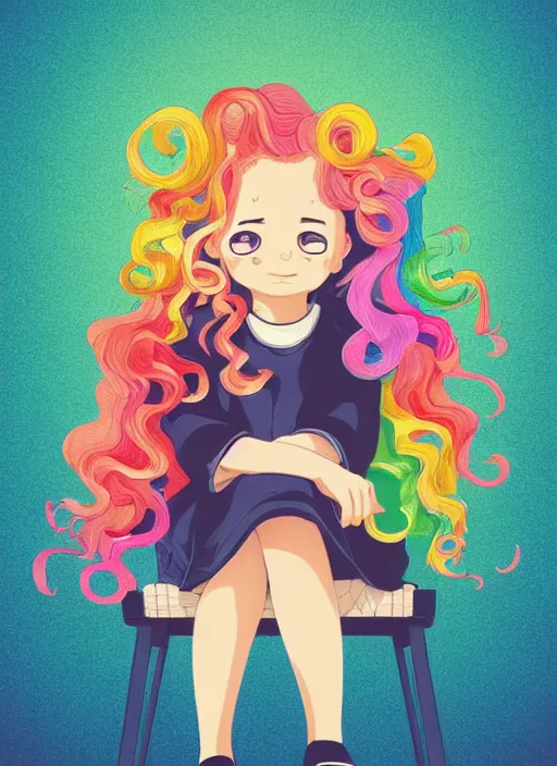 Image similar to a little girl with wavy curly rainbow hair sitting in an armchair. clean cel shaded vector art. shutterstock. behance hd by lois van baarle, artgerm, helen huang, by makoto shinkai and ilya kuvshinov, rossdraws, illustration, art by ilya kuvshinov