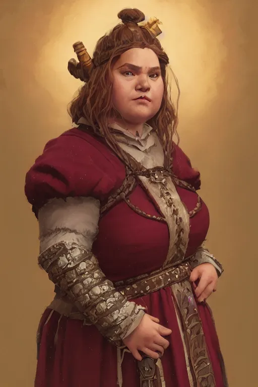 Prompt: Portrait | chubby female dwarven noblewoman | brocade burgundy dress | complex adorned braided hair | style by greg rutkowski, larry elmore, giotto dramatic light | high detail | cinematic lighting | artstation | broad fat woman| bold serious expression | dungeons and dragons |