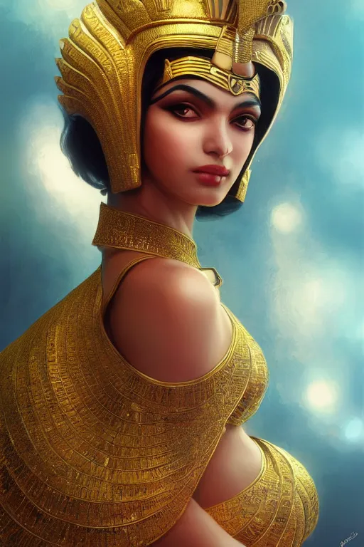 Image similar to Saba Mubarak as egyptian princess, gorgeous, portrait, powerful, intricate, beautiful, masterpiece, elegant, volumetric lighting, digital painting, highly detailed, artstation, sharp focus, illustration, Hajime sorayama, ruan jia