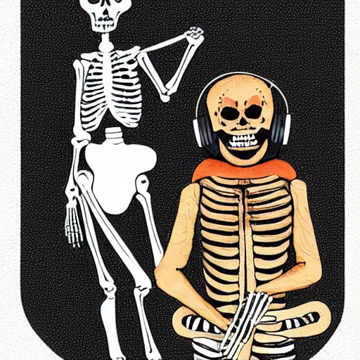 Image similar to skeleton wearing headphones watching girl playing guitar with her black cat standing next to her, digital art