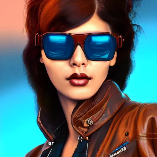 Image similar to closeup painting of a very beautiful young mexican cyberpunk woman with a smirk, wearing light blue shutter shades and a dark brown leather jacket, one side haircut, long brown hair with light blue ends, portrait, hyperdetailed, artstation, cgsociety, 8 k, synthwave by tangerine dream