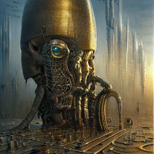 Image similar to cyberpunk harpooner, atmospheric lighting, painted, intricate, golden and grey hour, ultra detailed by peter gric, giger, enki bilal