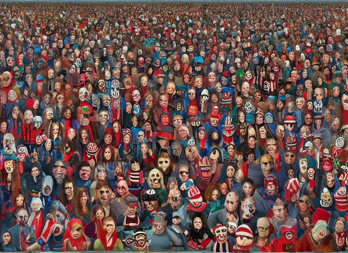 Image similar to where's waldo, creepy people, lowbrow, matte painting, 3 - d highly detailed, in the style of richard corbin