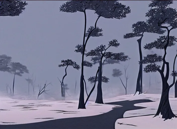 Prompt: stark minimalist charred wooded snowdrift landscape from mulan ( 1 9 9 8 )