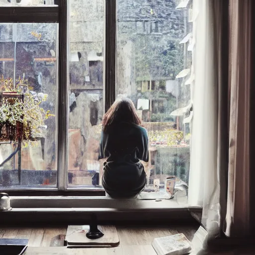Image similar to a woman sitting on a window sill looking forward out the window, hands on cheeks, grey sweater, a stock photo by chen jiru, tumblr, aestheticism, movie still, pretty, pixiv