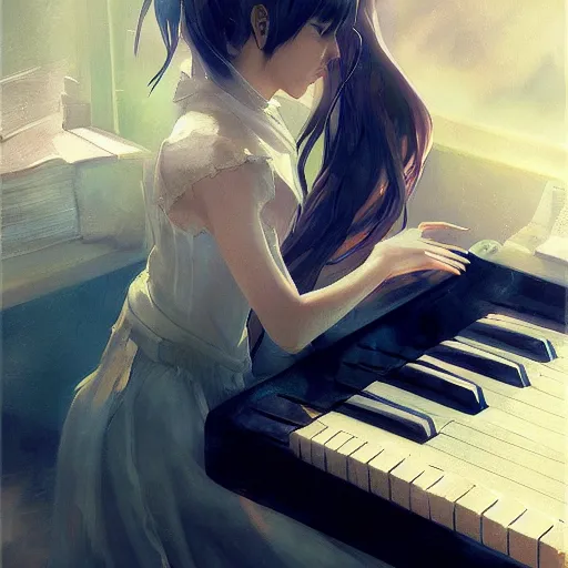 Image similar to anime girl Playing the Piano instrument , digital Art, Greg rutkowski, Trending cinematographic artstation