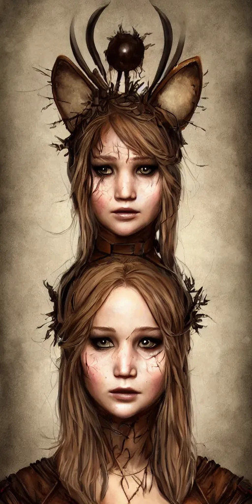 Image similar to Jennifer Lawrence scarecrow princess , dungeons and dragons character art, cute anime cat ears, character portrait, woman, very pretty face, wearing leather and lace, bare shoulders, cinematic lighting, in the style of Charlie Bowater, Tom Bagshaw, single face, symmetrical, headshot photograph, cinematic, portrait, Raphaelite, headroom, artstation, Pierre-Auguste Renoir