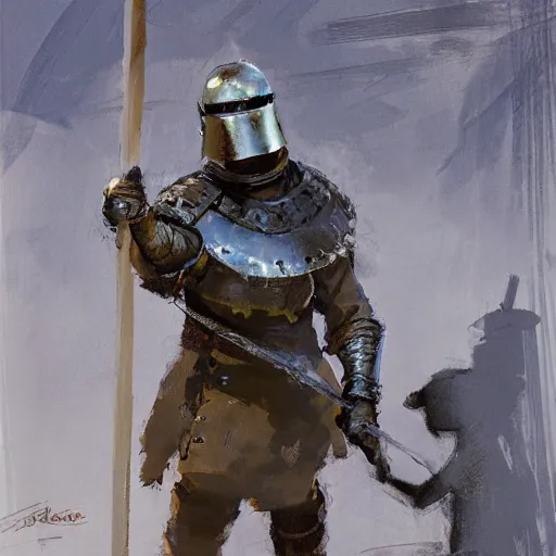 Image similar to portrait of man wearing gambeson and sallet helmet, swinging sword, fighting, detailed by greg manchess, craig mullins, bernie fuchs, walter everett