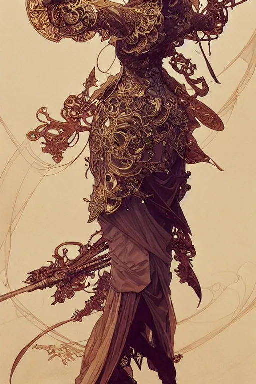 Image similar to magician style clothing design, fantasy, highly detailed, intricate, smooth, art by joseph leyendecker, peter mohrbacher, ruan jia, marc simonetti, ayami kojima, cedric peyravernay, alphonse mucha, victo ngai