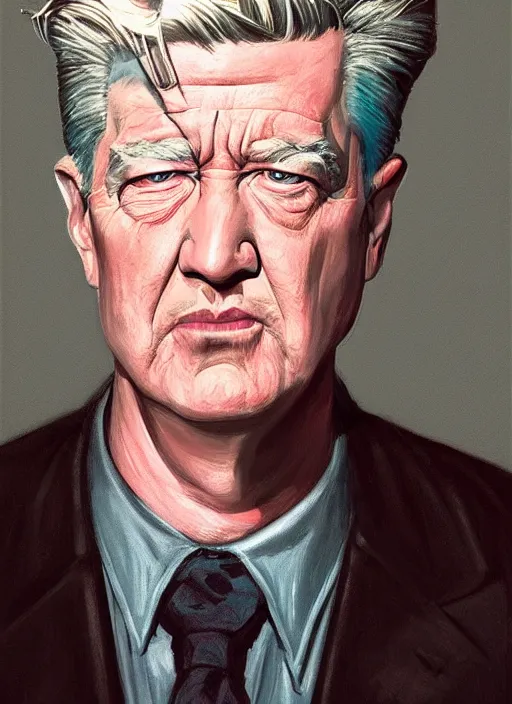 Image similar to portrait of david lynch in re - animator ( 1 9 8 5 ), highly detailed, centered, solid color background, digital painting, artstation, concept art, smooth, sharp focus, illustration, donato giancola, joseph christian leyendecker, les edwards, ed repka, wlop