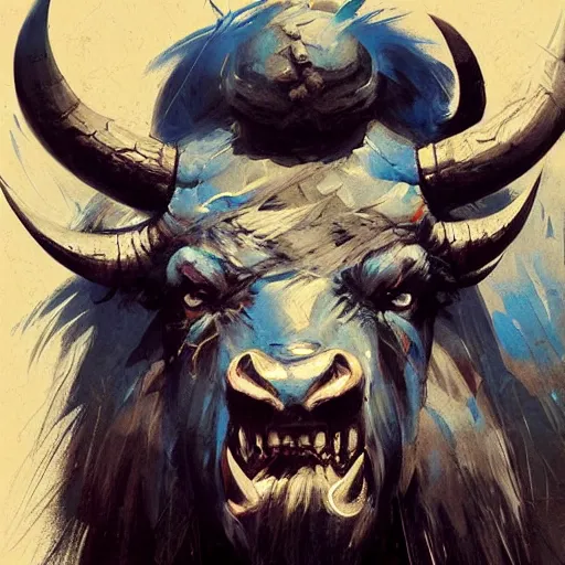 Prompt: angry blue bison portrait by greg rutkowski and frank frazetta, dark fantasy, blue, artstation