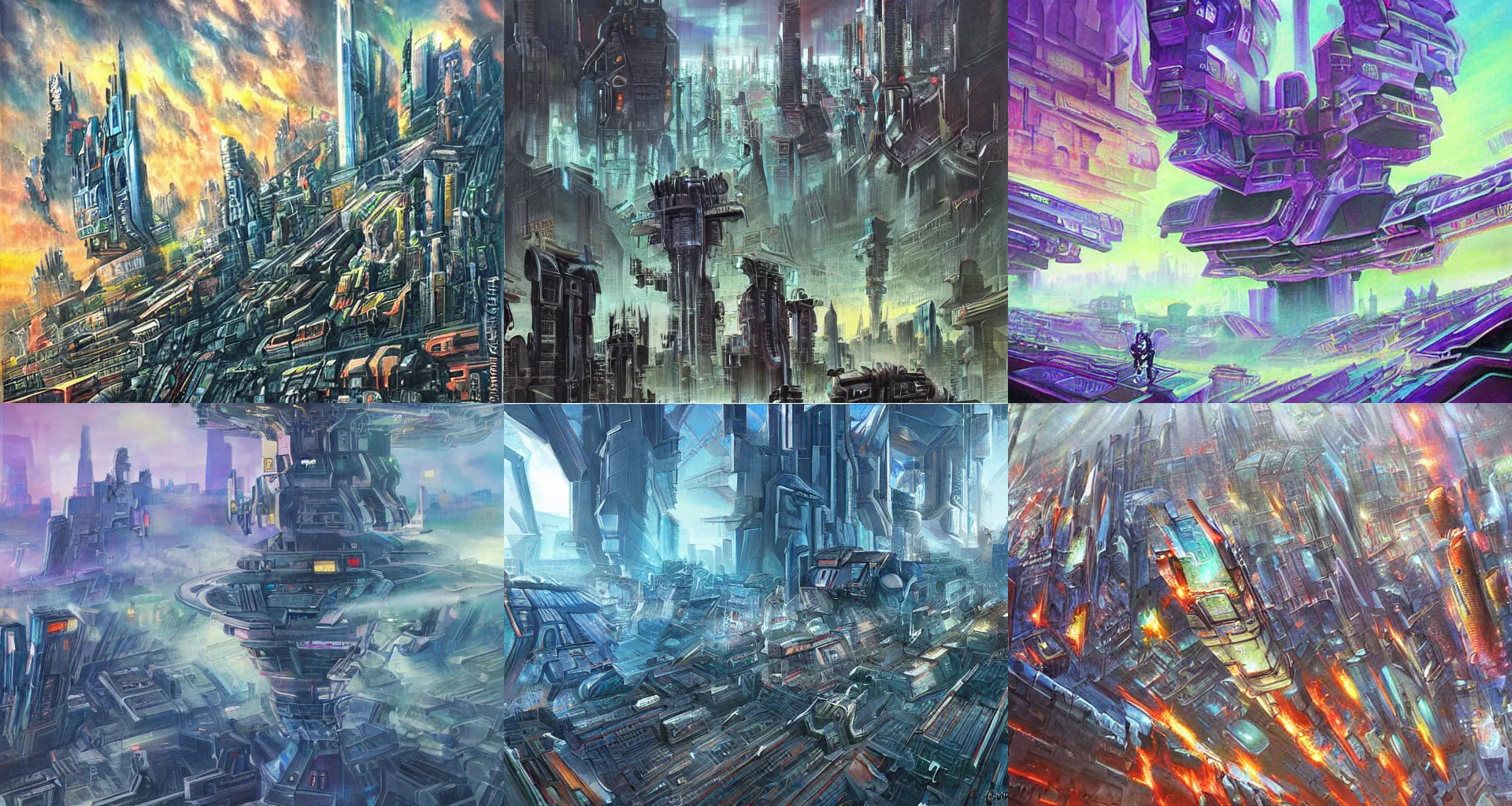 Prompt: painting or a city on the surface of the planet cybertron by sergey kuznetsov, iridescent