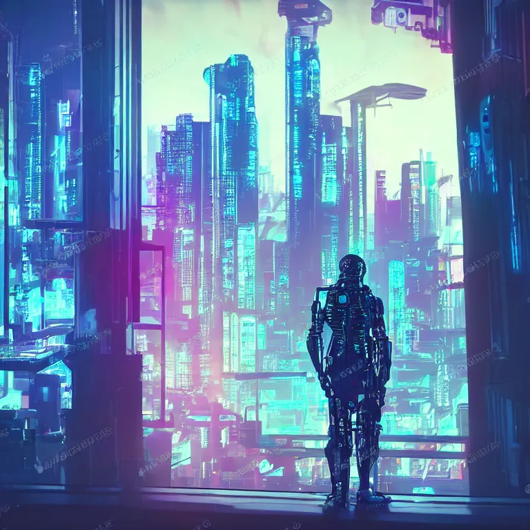 Prompt: A cyberpunk synthwave cyborg android staring out at the city below through a window