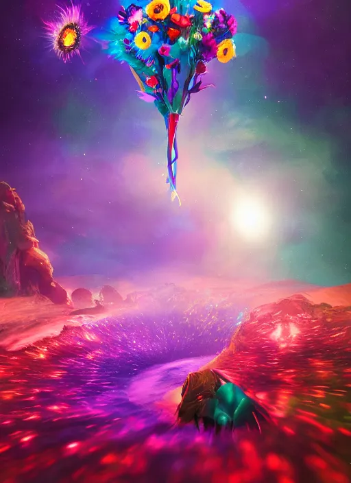 Image similar to An epic fantastic realism comic book style painting of the most beautiful spinning flowers floating into the dark cosmos, exquisite bouquets, fisheye, a star explodes into rainbows, unreal 5, DAZ, hyperrealistic, octane render, dynamic lighting