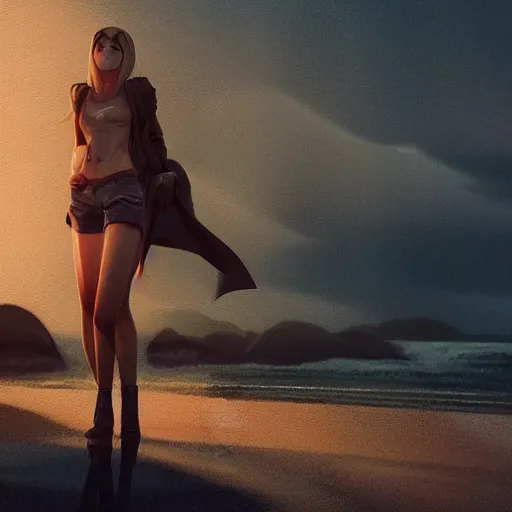 Image similar to a photorealistic hyperrealistic, lindsley register!!!, girl on the beach, beautiful dynamic dramatic low - light moody lighting, cinematic atmosphere, artstation, concept design art, octane render, 8 k