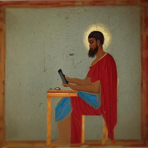 Prompt: “man on iPhone, Ancient Greek painting”