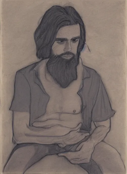 Prompt: portrait of a 23 year old man with long dark hair and a beard looking down on a canvas he is holding on his lap,charcoal drawing, psychedelic, in a minimalistic style