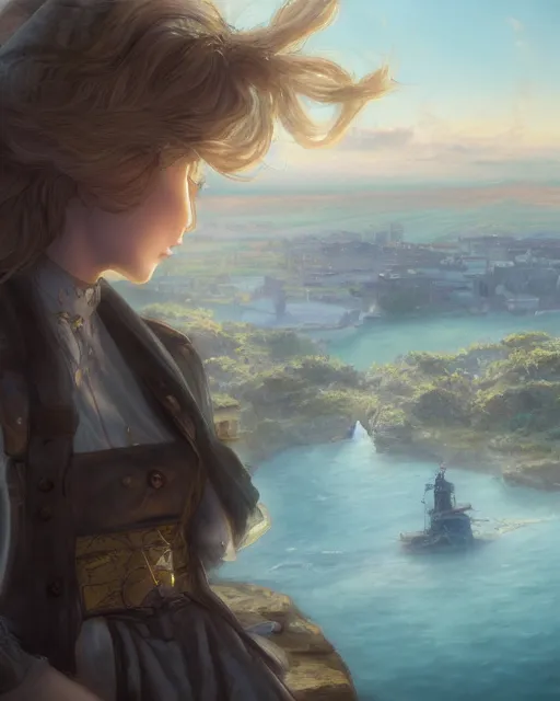 Prompt: over the shoulder landscape painting of violet evergarden, behind her is a distant old european city leiden from violet evergarden next to the reflecting ocean, ocean, sunshine, by sakimi chan and Artgerm , WLOP, Rossdraws, fantasy, intricate, elegant, highly detailed, digital painting, trending on artstation, blender, unreal engine 5, octane render, smooth, sharp focus, illustration