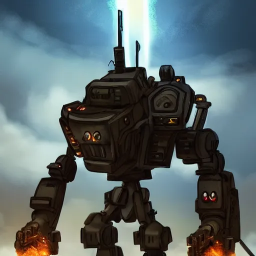 Image similar to a mech with guns on each arm preparing for combat, battlefield, dead trees, fire, smoke, dark clouds, slightly sunny, ominous, intense, epic, extremely detailed, cinematic lighting, studio ghibli, anime,