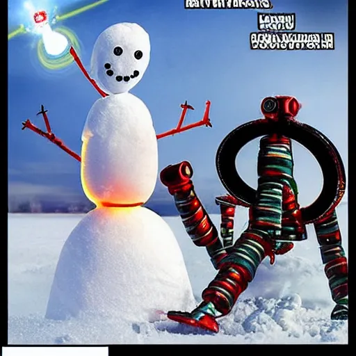 Prompt: Robot Alien Snowmen Shooting Laser Beams at Things in the sky. Epic Amazing Insanity.