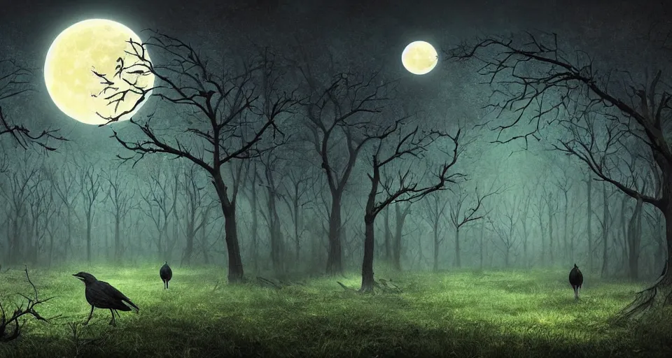 Prompt: fantasy landscape of a forest full of crows and the big moon in the background, dark color-theme, cinematic, science-fiction art wallpaper, stunning digital art