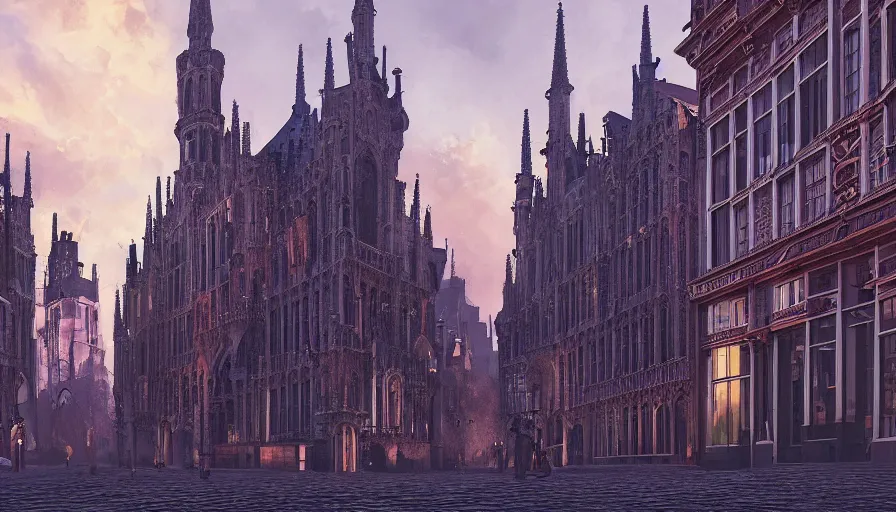 Prompt: neo - gothic brussels, view from the streets, sunset, light between buildings, empty streets, hyperdetailed, artstation, cgsociety, 8 k