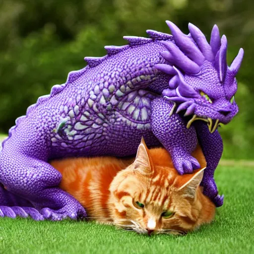 Prompt: majestic purple dragon cuddles an orange tabby cat, realistic, orange tabby cuddles purple dragon, award-winning photography