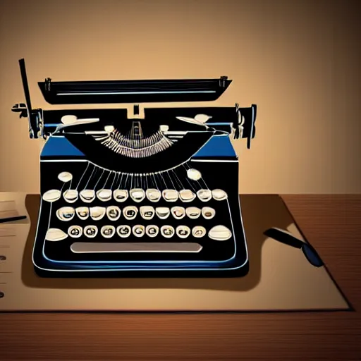 Image similar to Digital art of a typewriter sitting on a desk, there is a window behind it, gentle light lights the room from outside, very detailed, beautiful, realistic