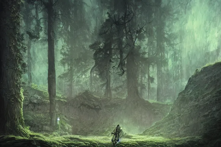 Image similar to paladin in gladiatoral arena , forest clearing, in the style of Greg Broadmore and Arthur Rackham,trending on artstation, light lighting side view,digital art,surrealism ,macro,blueprint ,vaporwave ,