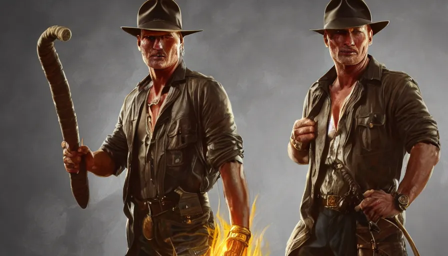 Prompt: dolph lundgren as indiana jones holding a whip in left hand and holding a golden mayan skull in the right hand, grey background, hyperdetailed, artstation, cgsociety, 8 k