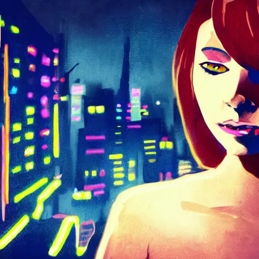 Prompt: realistic fantasy portrait of sad girl brown hair in neon light, big city