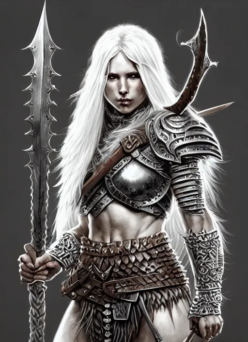 Image similar to barbarian, plated armor!!! long wild white hair!! covered chest!!! fantasy, d & d, intricate ornate details, digital painting, pretty face!!, symmetry, concept art, sharp focus, illustration, art by artgerm! greg rutkowski magali villeneuve wlop! ilya kuvshinov!!, octane render