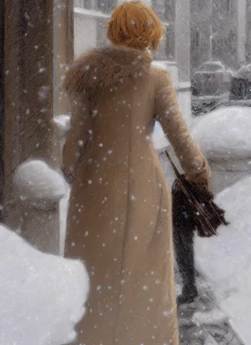 Image similar to back of emma stone in beige coat, walking into new york apartment building in winter, close up of wreath on door, snow, artwork by gaston bussiere, craig mullins, trending on artstation