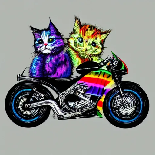 Image similar to wide angle full body, jacket wearing fluffy cute rainbow kitten wearing a black leather motorcycle jacket, cinematic concept art