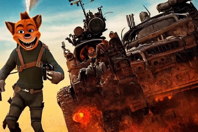 Image similar to nick wilde, heavily armed and armored facing down armageddon in a dark and gritty reboot from the makers of mad max : fury road : witness me