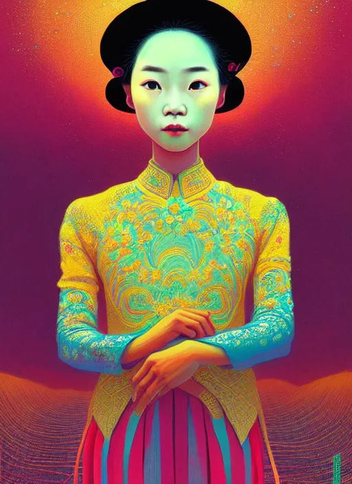 Prompt: prompt! dream symmetry!! stunning portrait of vietnamese girl in tradition clothes!! by victo ngai, kilian eng vibrant colours, dynamic lighting, digital art, winning award masterpiece, fantastically beautiful, illustration, aesthetically inspired by beksinski and dan mumford, trending on artstation, art by greg rutkowski, 8 k