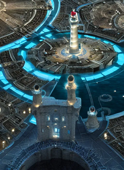 Prompt: Aerial shot of Atlantis, a city divided in different rings, each ring representing a district of the town, the huge lighthouse and the library tower overshine in the picture + dim volumetric lighting, 8k octane beautifully detailed render, post-processing, extremely hyperdetailed, intricate, epic composition, grim yet sparkling atmosphere, cinematic lighting + masterpiece, trending on artstation